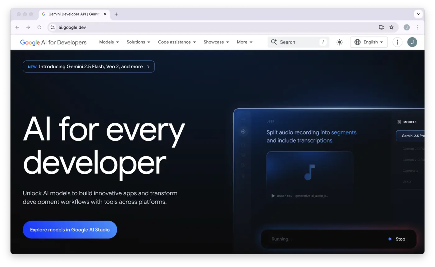 Google AI Studio dashboard showing the main interface